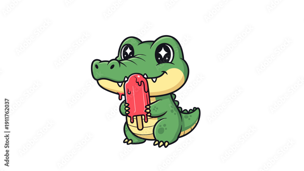 Fototapeta premium Cartoon Crocodile Eating Red Ice Cream.