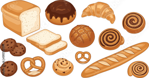 Fresh bakery set featuring vector illustrations of sliced white bread, baguette, croissant, chocolate donut, pretzels, cinnamon rolls, and chocolate chip cookies.