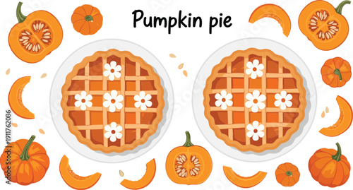 Homemade pumpkin pie illustration set with lattice crust and cream flowers surrounded by whole pumpkins, sliced squash pieces, and seeds for Thanksgiving.