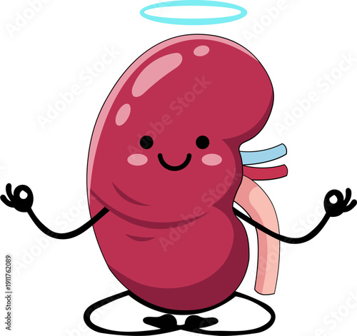 Cute meditating kidney cartoon character