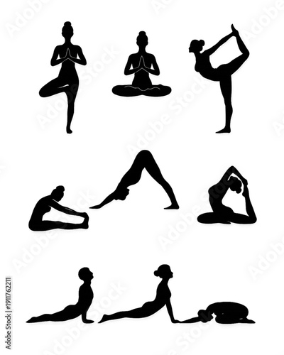 Yoga Pose Silhouette Set Meditation and Fitness Poses on Transparent Background