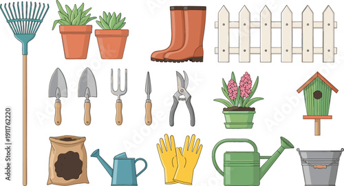Large gardening tool collection set featuring flat vector icons of rakes, shovels, watering cans, potted plants, gloves, rubber boots, and a white fence.