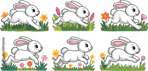 Cute white rabbit illustration set showing running and jumping poses with flowers and grass, cartoon bunny collection isolated on white background