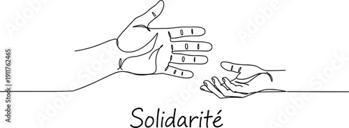 Solidarity concept line art illustration, helping hands reaching out symbolizing support empathy and unity, minimal black outline drawing with French text on white background