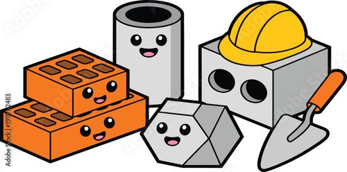Cute kawaii construction materials character set featuring happy smiling bricks, concrete pipe, stone, cinder block with yellow hard hat, and trowel tool.