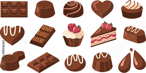 Delicious assorted chocolate pralines and sweet desserts vector collection featuring chocolate bars cupcakes and cake slice isolated on white background for bakery cafe and confectionery menu.