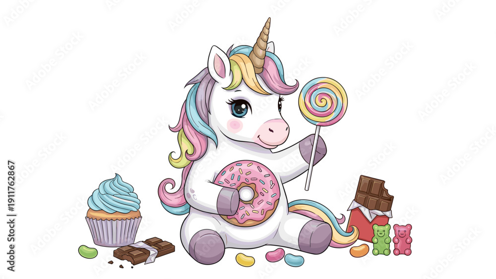 Naklejka premium Colorful Cartoon Unicorn with Sweets.