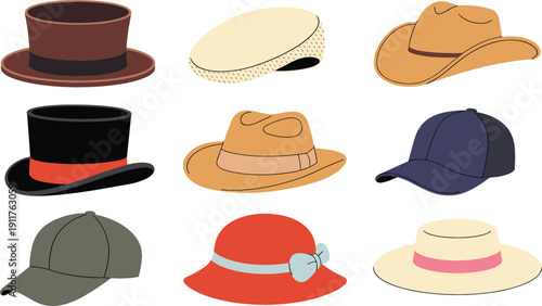Collection of classic hat vector illustrations featuring top hat cowboy hat baseball cap fedora and sun hat isolated on white background for fashion and apparel design icons.