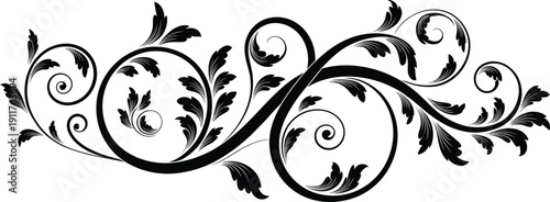 Elegant ornate floral design with swirling vines and stylized leaves, decorative black motif isolated on white background for invitations, borders, and artistic decoration
