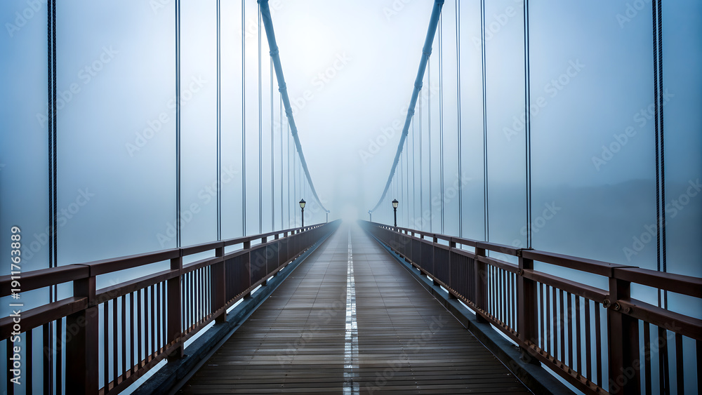Obraz premium Fog Covered Suspension Bridge Low Angle Perspective