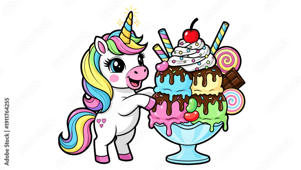 Naklejka premium Unicorn with Rainbow Ice Cream Sundae.