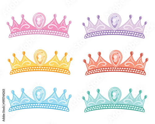Colorful icon set with crown on white background. Vector illustration in flat cartoon style