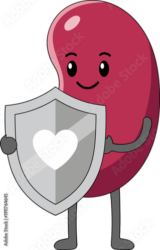 Cute kidney mascot holding shield
