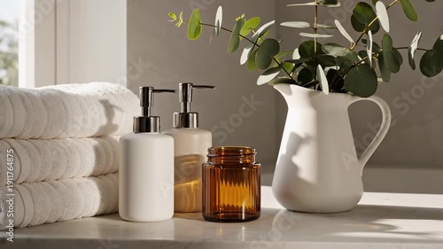 Clean white towels, liquid soap dispensers, amber glass, and eucalyptus branches on bathroom vanity