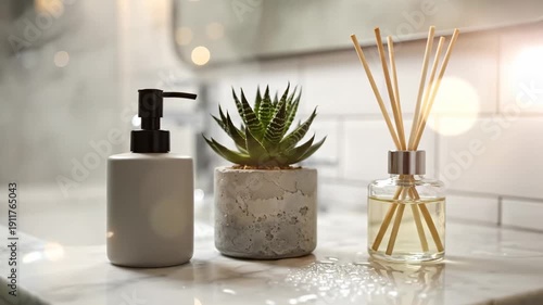 Bathroom counter with soap dispenser, succulent plant, and aromatic reed diffuser for relaxation
