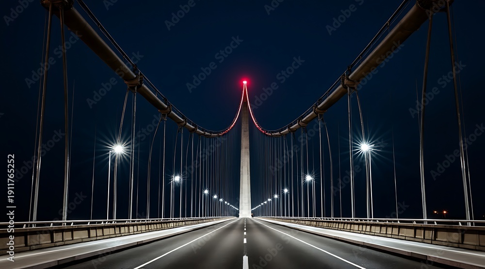 Obraz premium Illuminated bridge with central red light at nighttime