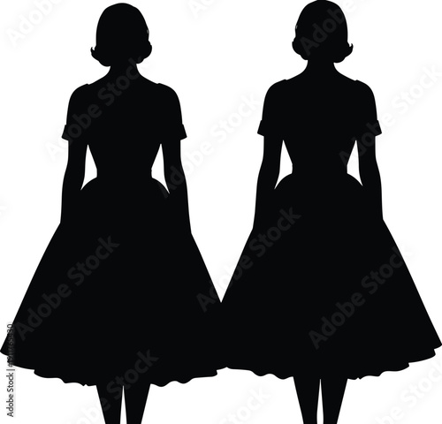 Twin female silhouette illustration, elegant women in vintage dresses standing together, symmetrical fashion figures concept, minimalist black vector isolated on white background