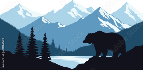Vast blue mountain landscape silhouette featuring a grizzly bear standing by a lake with pine trees and snow capped peaks for outdoor adventure.