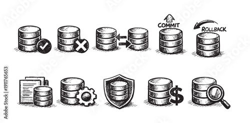Hand-drawn database icons showing transactions, commit, rollback, security, analysis. Perfect for illustrating IT concepts, software development, and data management systems.