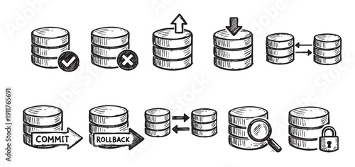 A set of hand-drawn style database icons depicting database functions, including commit, rollback, secure, transfer, upload, download, search, accepted and rejected.