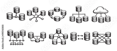 Hand-drawn sketch of database and network diagrams. Illustrates data storage, servers, networking, cloud computing, system architecture, dataflow. Suitable for tech, IT, business, educational use.
