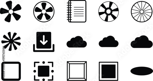 Mixed icon illustration set, fan symbol artwork, notebook vector design, lifebuoy graphic pack, cloud icon collection, geometric square silhouette sketch