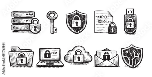 Hand-drawn vector illustration of data security icons including server, key, shield, file, laptop, cloud, envelope, and usb. Great for cybersecurity and data protection concepts.