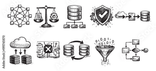 A set of sketched technology icons depicting networking, data balance, databases, data flow, data security, cloud computing and machine learning. For illustrating tech concepts.