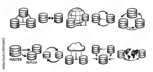 Black and white doodle style illustration of databases in network schematics. Concepts of replication, cloud storage, global databases. Use for technology, software.