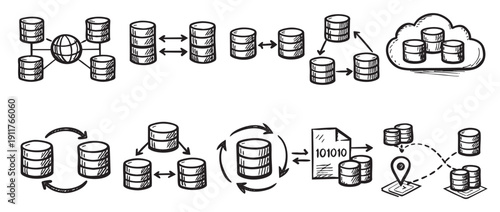 Black and white doodle style illustration of databases in network schematics. Concepts of replication, cloud storage, global databases. Use for technology, software.