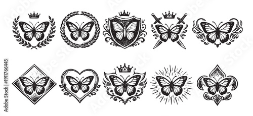 Set of butterfly logo design elements in vintage style. Perfect for brand identity, apparel design, or website decoration. Vector illustration on white background.