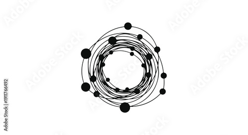 Modern abstract circular pattern design with black lines and dots on white background for graphic design element or digital media concept
