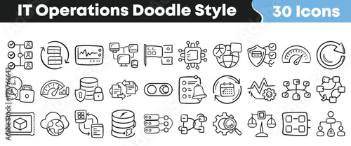 Thirty unique doodle style icons representing various essential information technology operations management and system concepts for design projects
