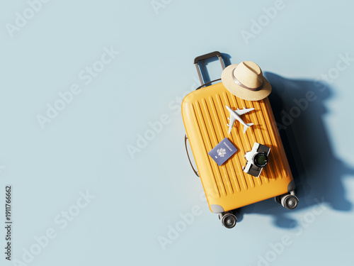 Orange bag with travel accessory. Summer travel concept design on blue background with copy space. 3D Rendering, 3D Illustration