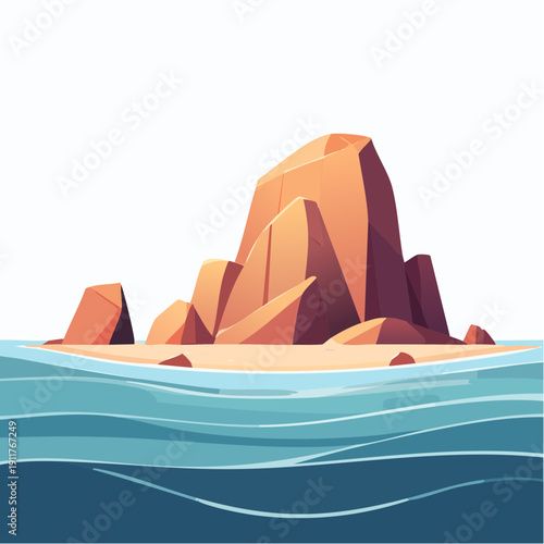 Vibrant Cartoon Illustration of a Serene Rocky Island with Sandy Beach Amidst Calm Blue Ocean Waters