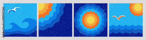 Collection of retro summer ocean backgrounds with sun, waves and seagulls. Vintage grainy textured sea landscapes in warm and blue tones. Perfect for travel banners, social media, posters, web headers