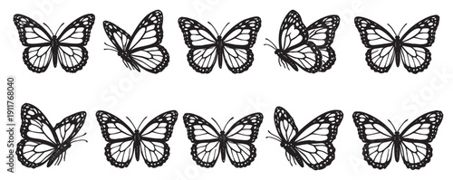 Illustration of seamless butterfly patterns. Black ink drawing on white background. Great for designs, textiles, wallpapers, backgrounds, and graphic design projects.