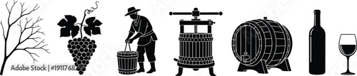 Wine production silhouette icons set, vineyard harvest process, grapes, winemaker, press, barrel, bottle and glass, traditional winery concept for branding, web and print design