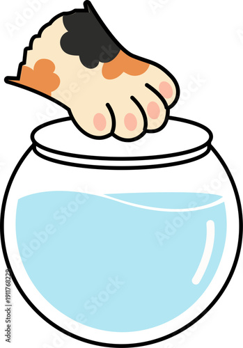Cat paw reaching into fishbowl
