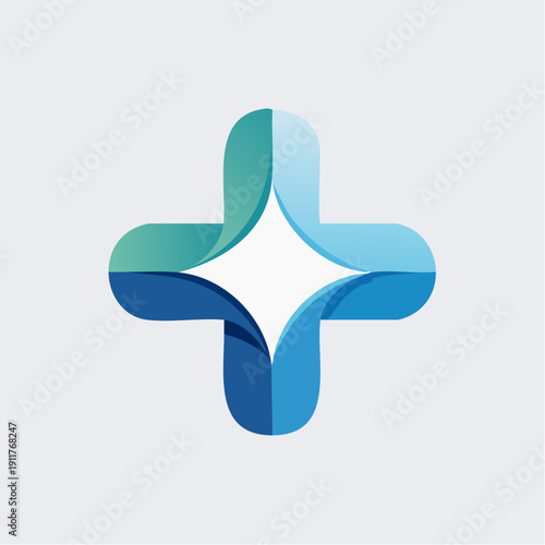 Abstract blue and green cross symbol with starburst inside for medical or health concepts