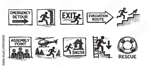 Black and white sketch icons depicting emergency procedures. Includes evacuation route, exit, assembly point, helicopter, rescue, shelter. Useful for safety, disaster prep, awareness campaigns.