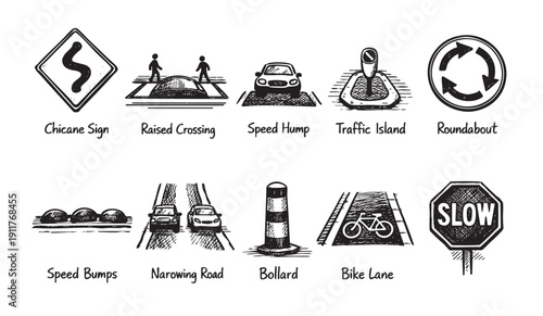A collection of hand-drawn road safety elements, signs, and traffic calming measures in black and white. Ideal for educational materials, safety campaigns, or urban planning visuals.