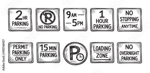 Collection of hand-drawn parking signs, indicating various rules. Use for transportation, city planning, information, or educational designs. Simple black and white line art illustration.