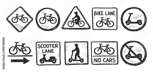 Hand-drawn vector illustration of various bicycle and scooter road signs. Use this image to illustrate information on sustainable transportation, cycling infrastructure, or road safety.