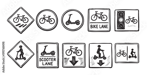 A collection of hand-drawn black and white bicycle and scooter signs. Perfect for sustainable travel and urban commuting illustrations or safety campaigns.