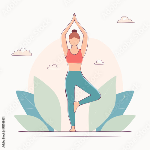 Woman practicing yoga tree pose with serene nature background