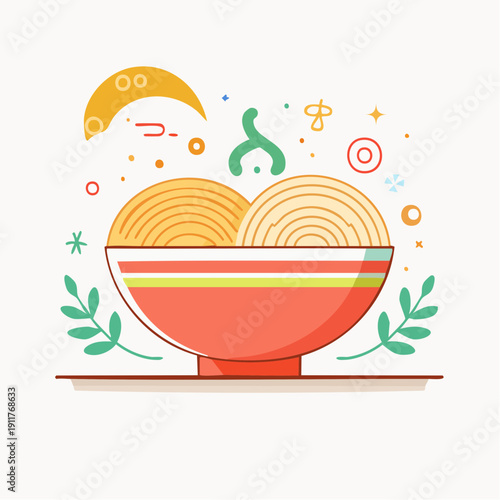 A charming flat illustration of a vibrant bowl of Asian noodles, perfect for culinary content and digital design