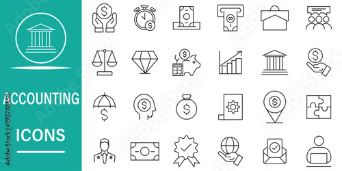 Accounting line editable icon set. Includes icons for tax, finance, calculator, ledger, invoice, banking and more. Editable stroke. Vector illustration.