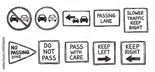 Collection of hand-drawn road signs depicting passing rules, lane directions, and traffic flow. Use for educational materials, infographics, and transportation-related designs.