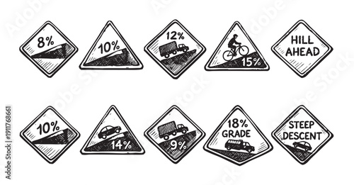 Collection of black and white, hand-drawn style road signs indicating steep grades and descents,isolated on white. Useful for concepts involving travel, road safety, and warnings.